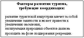 Подпись: Факторы развития туризма,
требующие координации:
развитие туристской индустрии влечет за собой увеличение занятости и может привести к увеличению населения;
эксплуатация природных объектов должна проходить на фоне поддержания рекреации.
