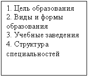 Подпись: 1. Цель образования
2. Виды и формы образования
3. Учебные заведения
4. Структура специальностей