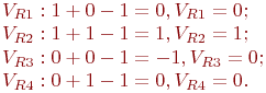 V_{R1}: 1 + 0 - 1 = 0, V_{R1} = 0;\\
V_{R2}: 1 + 1 - 1 = 1, V_{R2} = 1;\\
V_{R3}: 0 + 0 - 1 = -1, V_{R3} = 0;\\
V_{R4}: 0 + 1 - 1 = 0, V_{R4} = 0.