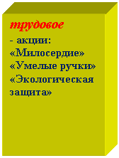 Подпись: трудовое
- акции:
«Милосердие»
«Умелые ручки»
«Экологическая защита»